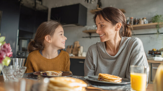 A happy mother and her daughter are sitting at a kitchen table, looking at each other and smiling while having a pancake breakfast. The scene portrays a loving family moment at home