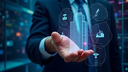 Businessman displays futuristic digital city hologram with data icons