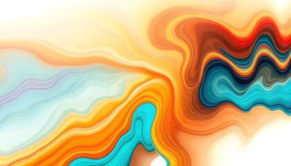 Abstract fluid art featuring swirling waves of orange, brown, red, and blue colors against a white background.
