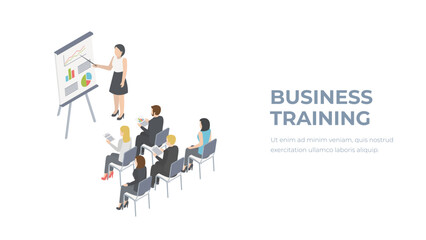 Isometric Business Training concept. Group of businessmen studies data. Office work crowd, team meeting, and discussion.