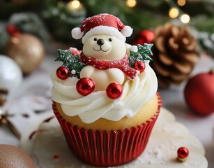 A cute polar bear wearing a Santa hat sits on a festive Christmas cupcake, decorated with red ornaments and white snowflakes