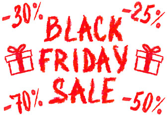 Bright and bold advertisement emphasizing Black Friday discounts up to 70% featuring creative text and gift boxes.