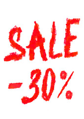 Bright red painted lettering displaying 30% sale sign on transparent background, representing promotional, retail discounts. Ideal for advertising campaigns, sales-related promotions 