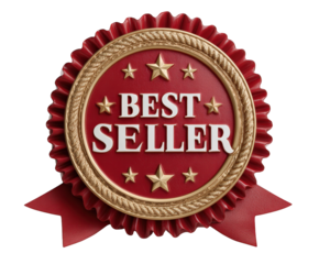 Red best seller badge with gold stars, ribbon, and embossed text, symbolizing achievement, quality, and popularity, often used for product promotion and marketing success