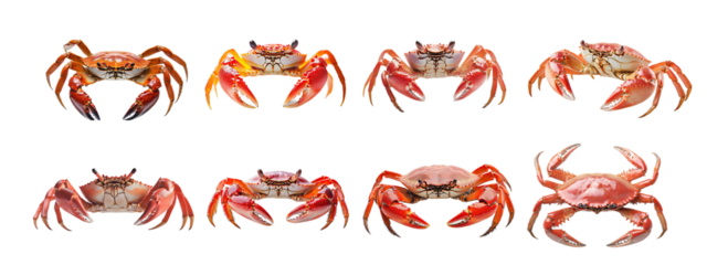 Red crab isolated on white background shows vibrant shell detail. Each crustacean posed in various views highlighting claw structure. Perfect for seafood packaging, marine advertising