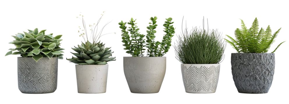 A beautiful arrangement of six potted plants showcasing diverse shapes and sizes in a modern indoor setting