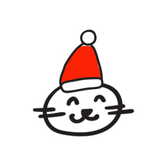 Cute smiling cat wearing Santa hat. Happy holidays. Vector hand drawn illustration on white background.