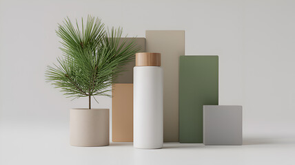 White bottle and green pine branch with geometric shapes