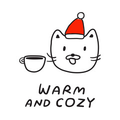 Warm and cozy. Cat with coffee cup. Christmas holiday. Outline design. Illustration on white background.