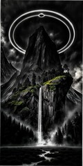Mysterious Mountain Peak With Waterfall and Ethereal Halo Above