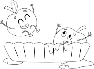 Coloring page Red apple jumps into the mold with dough and laughs, green apple sits in the mold and laughs