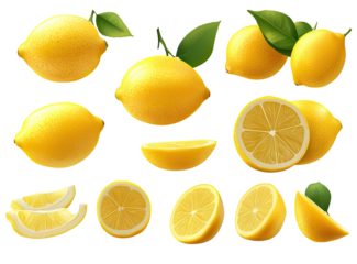 Lemon set with leaves on white background