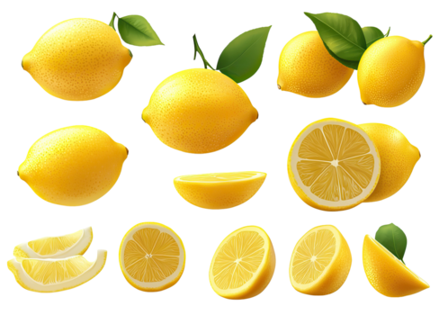 Lemon set with leaves on white background