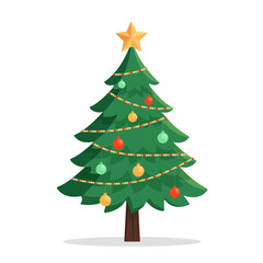 Festive vector illustration of a decorated Christmas tree with baubles, garlands, and a star on top, isolated on white background. Perfect for holiday greeting cards and seasonal designs.

