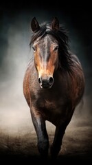 Obraz premium Horse galloping with flowing mane in a misty environment during a calm morning, showcasing strength and grace
