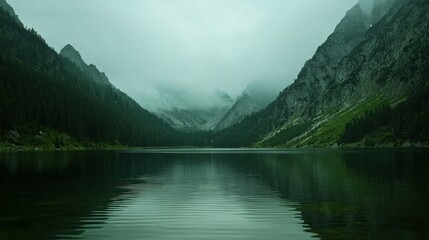 Misty mountains reflected in a still lake.