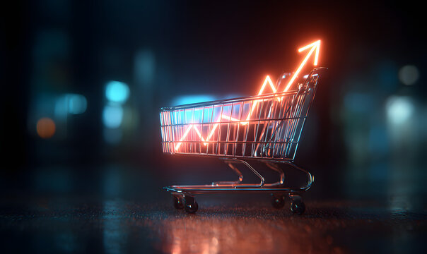 A glowing shopping cart with an upward trend arrow and a rising data line, symbolizing market growth and retail success.