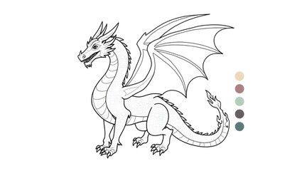 Obraz premium a detailed dragon coloring page template, featuring a majestic fantasy-style dragon with intricate scales, wings, and flame elements in a dynamic pose.