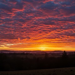 Fototapeta premium Vibrant Red And Orange Sunrise Over Rural Landscape