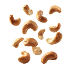 Isolated roasted cashew nuts on black background for culinary and food design