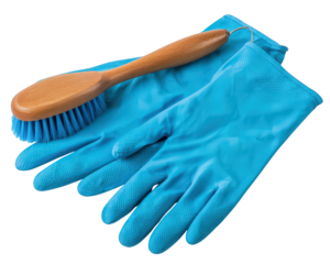 Blue rubber gloves and wooden cleaning brush with blue bristles, isolated on transparency background, represent cleanliness and hygiene for household chores or janitorial work