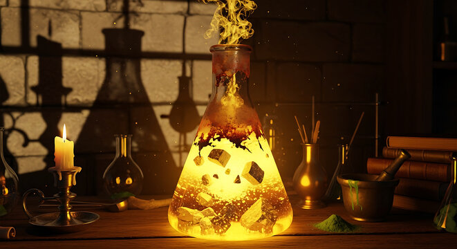 Alchemical flask bubbling with glowing liquid and smoke