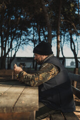 Naklejka premium Man In The Nature Relaxing And Having A Break 