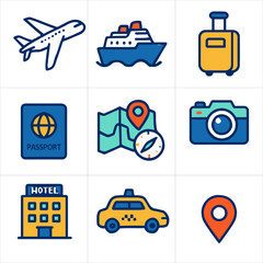 Colorful Travel Icon Set – Flat Vector Vacation Illustrations
