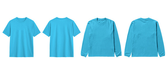 Mockup light blue tshirts and longsleeved shirts front and back for apparel design.