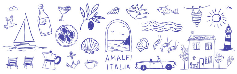 Playful Italian summer coastline collection, featuring lemon, oyster, lighthouse, limoncello, boat and handwritten accents with vacation mood. Relaxed crayon sketch vector illustration.