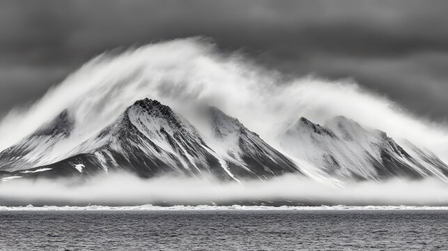 Dramatic Monochrome Mountainscape, Windswept Peaks and Arctic Mist