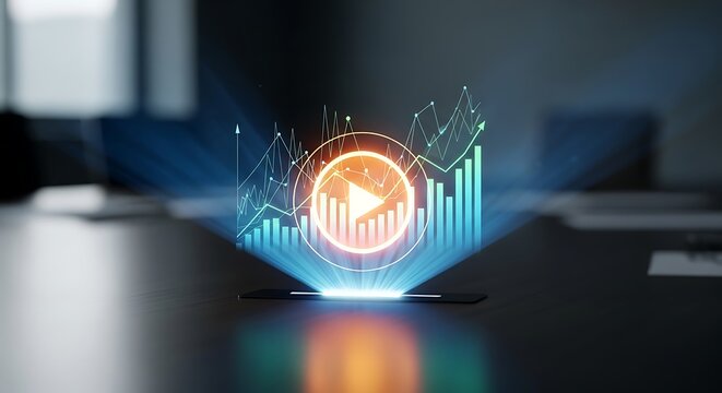 Illustration of a holographic projection displays a play button surrounded by financial growth charts