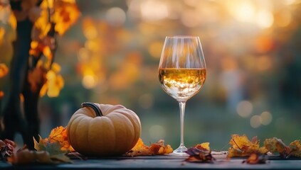 Autumnal Wine and Pumpkin Delight: A Golden Hour Scene