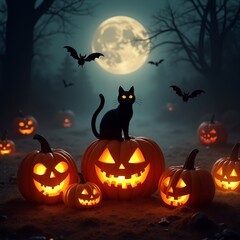 Traditional Halloween symbols spooky dark night full moon eerie atmosphere
