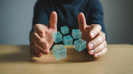 A person holding floating translucent cubes above a wooden table with hands in a dark shirt