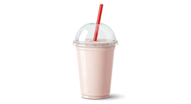 Pink milkshake in a clear plastic cup with a dome lid and a red straw on a white background