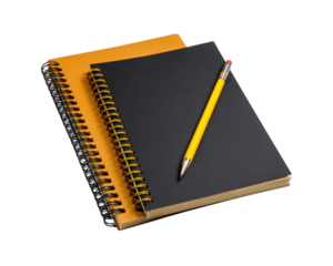 Black spiral notebook, yellow spiral notebook, and yellow pencil arranged on transparency background, perfect for creative, educational, or office themes, evoking productivity and focus