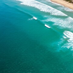 Obraz premium Aerial View of Turquoise Ocean Waves Crashing on Sandy Beach