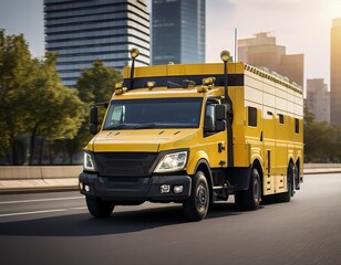 Obraz premium yellow armored truck transporting valuables on city road