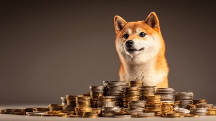 Cryptocurrency Doge Meme: Cute Dog Sitting on Pile of Coins Happy Expression Financial Success