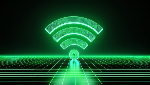 neon wifi symbol with green wireless technology concept on high tech 3d floor concept black background - Powered by Adobe