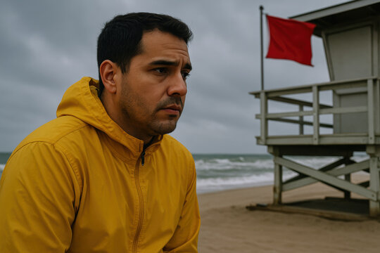 Pensive man in yellow jacket on windy beach beside lifeguard tower and red warning flag under overcast sky
