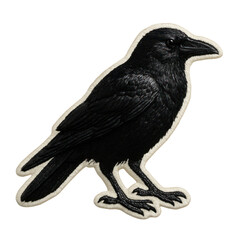 Fototapeta premium Detailed Embroidered Patch Of A Black Crow With White Trim Embroidery Sticker isolated on transparent background. PNG die-cut for advertising