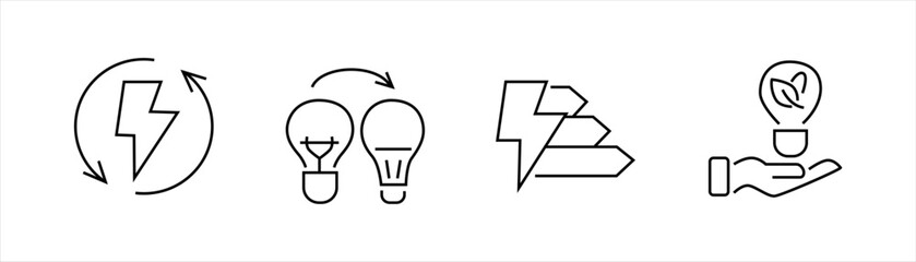 Energy icons set with lightning recycling, light bulb upgrade, efficiency rating, and eco bulb in hand, minimal line style for electricity and sustainability design.