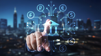 Hand touching digital bank icon with currency symbols and city skyline in the background at night