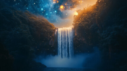Fototapeta premium A waterfall cascades down rocky cliffs into a tranquil pool under a starry sky.