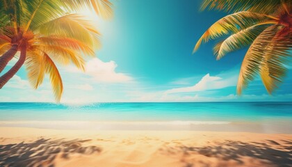 Obraz premium summers paradise a blurred background of a beautiful sandy beach with palm trees and a blue sky a perfect summer vacation concept banner