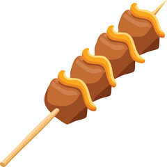 Grilled meat cubes on a skewer, drizzled with a yellow sauce.