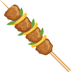 A stylized illustration of a kebab skewer with meat, pineapple, and herbs, ready to eat.