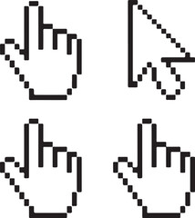 Pixel Style Cursor Pointer Icon Set Clicking Hand, Select Symbol, Arrow Pointer, Tap Gesture, and Pressed Button UI Elements
